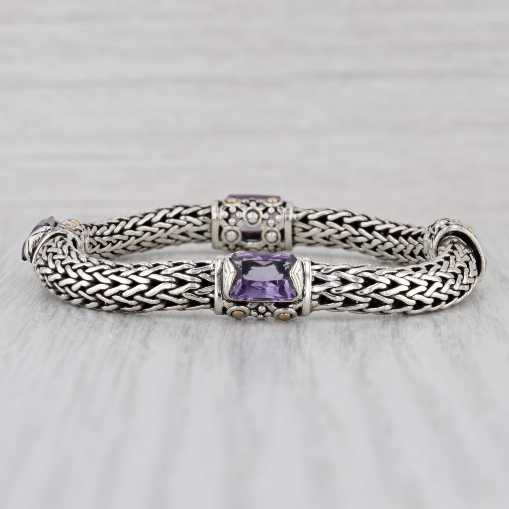 John Hardy Amethyst Station Bracelet Sterling Silver 18k Gold Wheat Chain