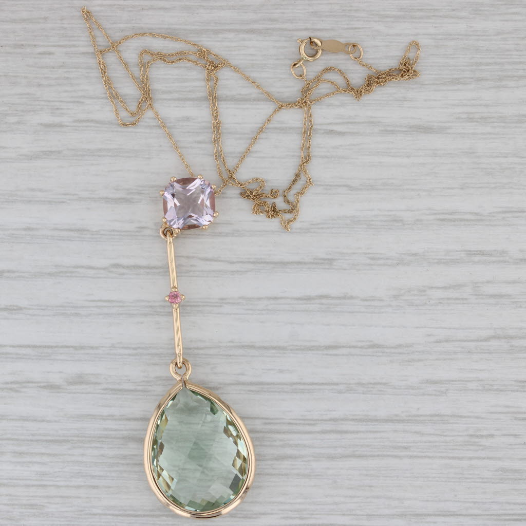 Gray 15.30ctw Prasiolite Green Amethyst Rose Quartz Pendant Necklace 14k Gold 18.75"