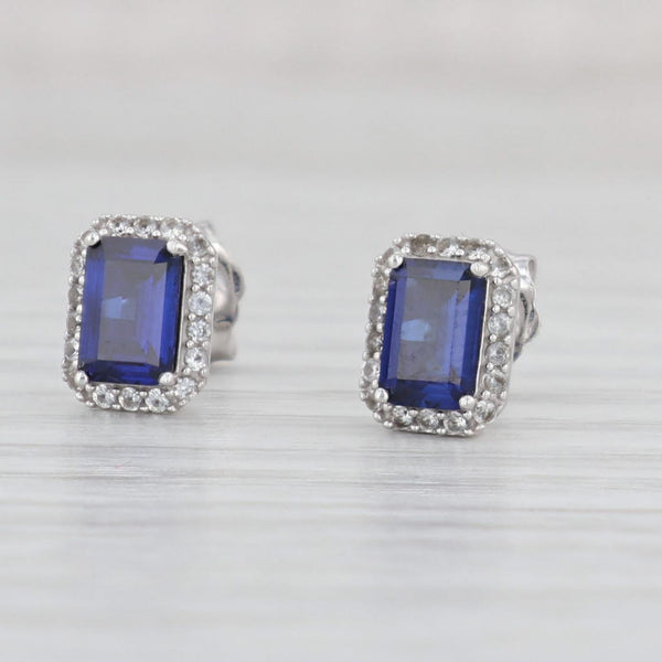 Light Gray 1.75ctw Lab Created Blue Sapphire Halo Stud Earrings 10k White Gold