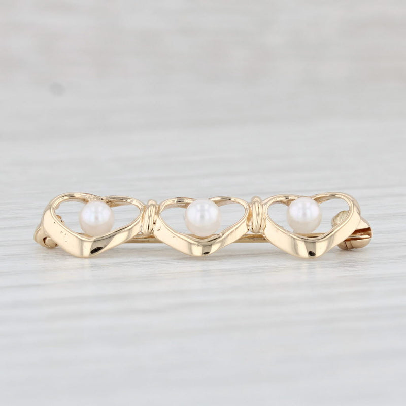 Light Gray Vintage Cultured Pearl Hearts Bar Pin 14k Yellow Gold