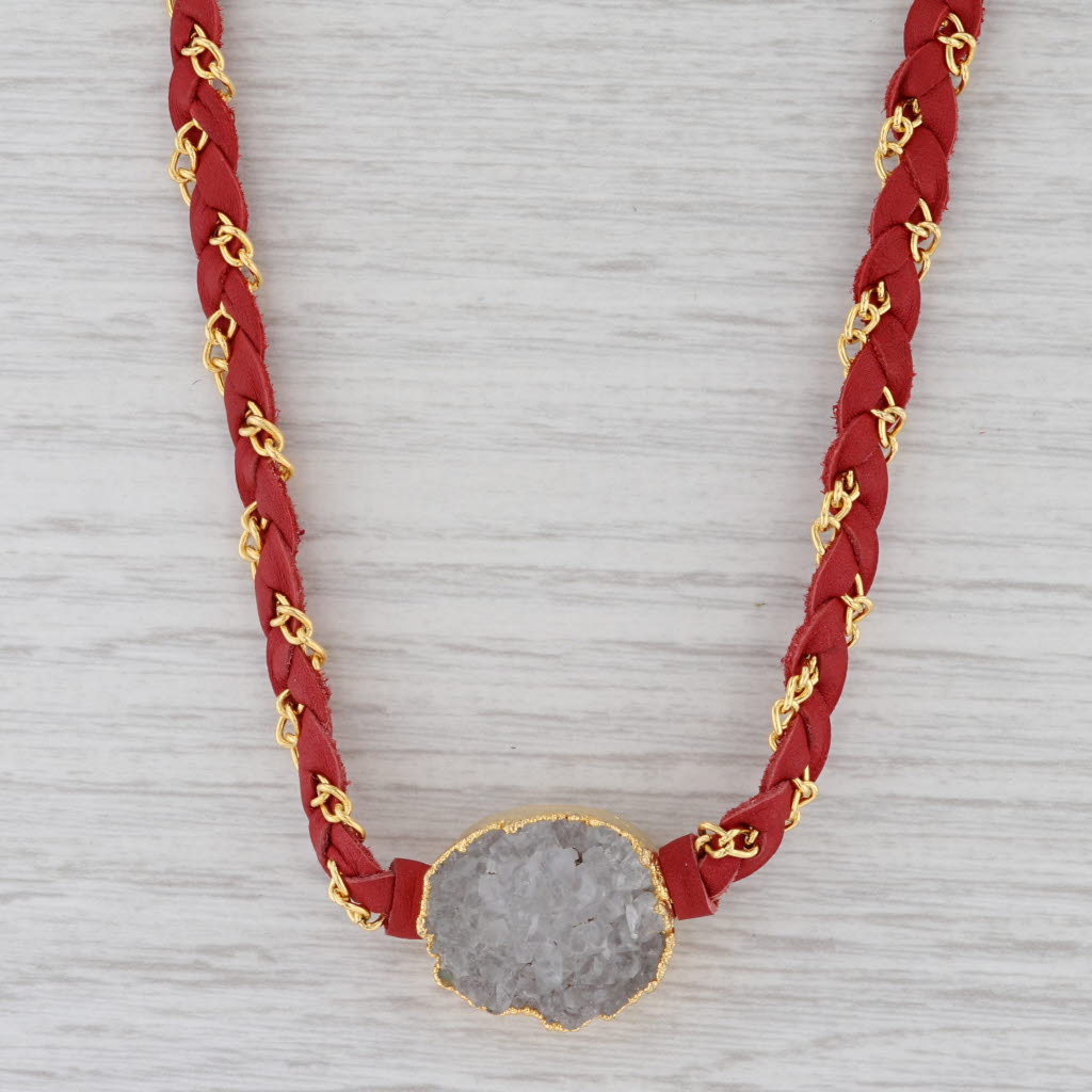 New Nina Wynn Cordelia Necklace White Druzy Woven Red Leather Gold Vermeil