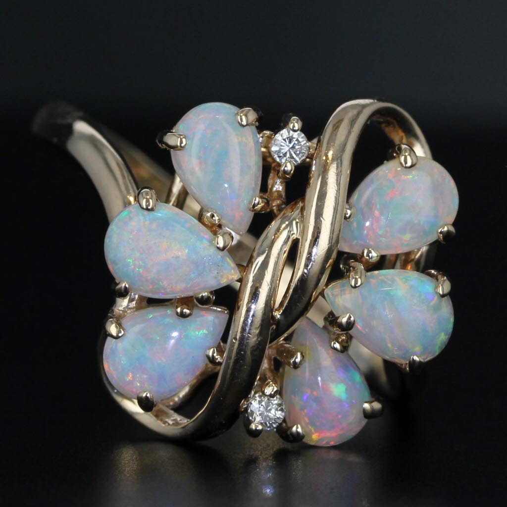 Dark Gray Opal Diamond Cluster Ring 14k Yellow Gold Size 10 Pear Cabochons