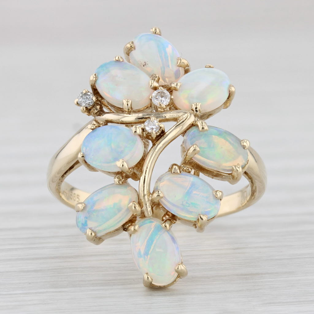 Light Gray Opal Diamond Cluster Ring 14k Yellow Gold Size 6.5 Cocktail