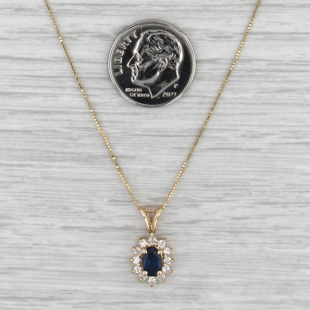 0.80ctw Blue Sapphire Diamond Halo Pendant Necklace 14k Gold 18" Box Chain