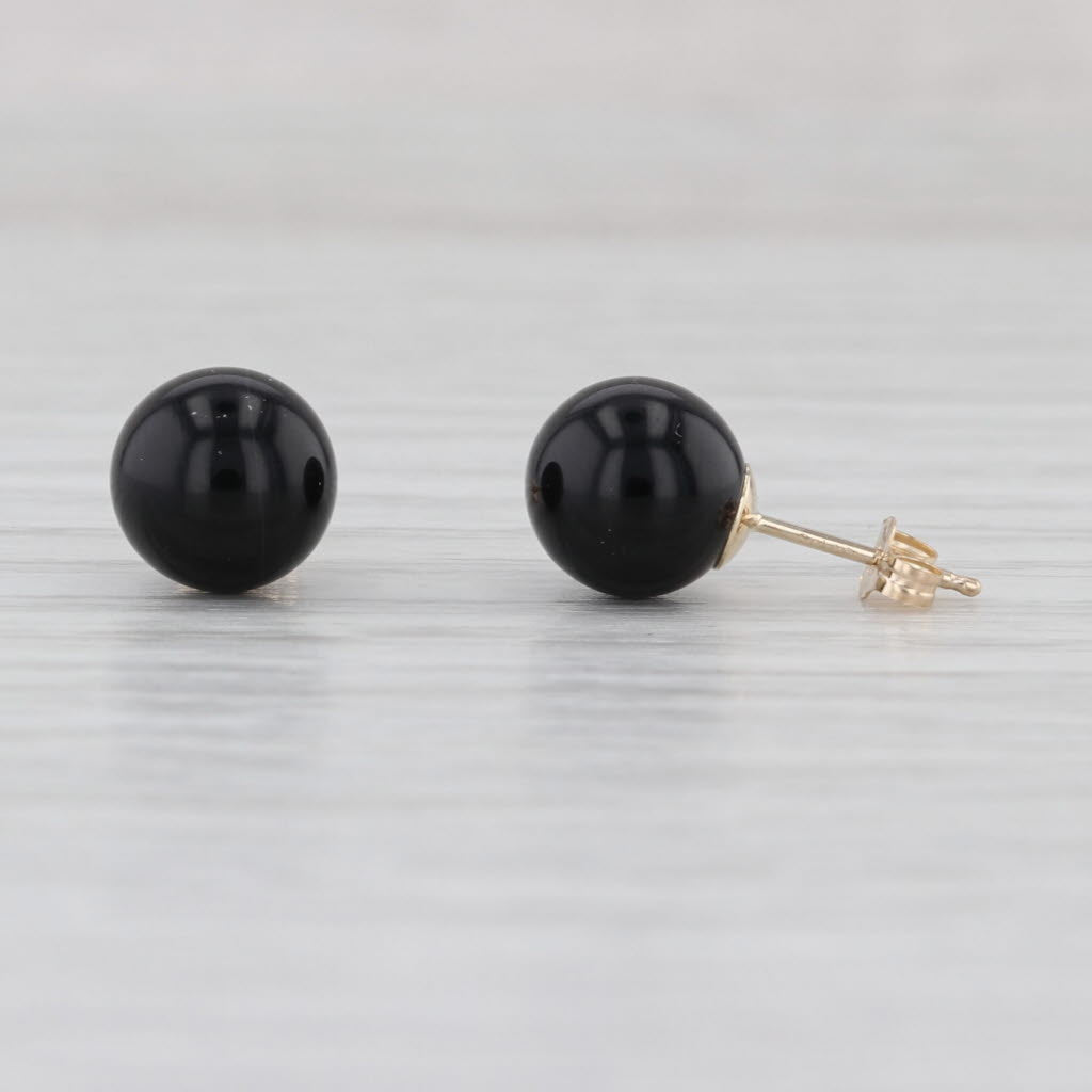 8mm Onyx Bead Solitaire Stud Earrings 14k Yellow Gold Studs