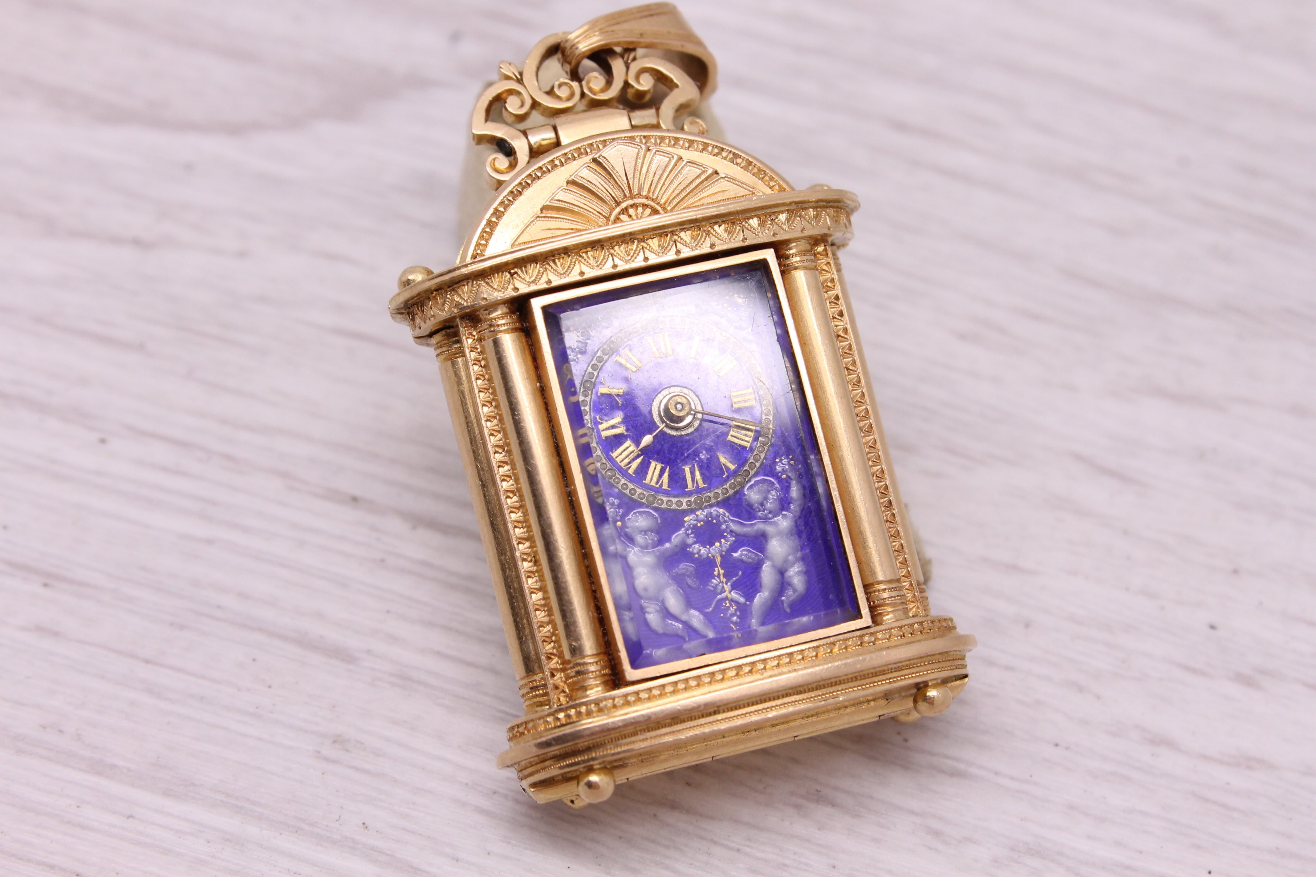 Antique c.1860 18k Gold Miniature Keywind Case Clock Pendant Blue Enamel Dial