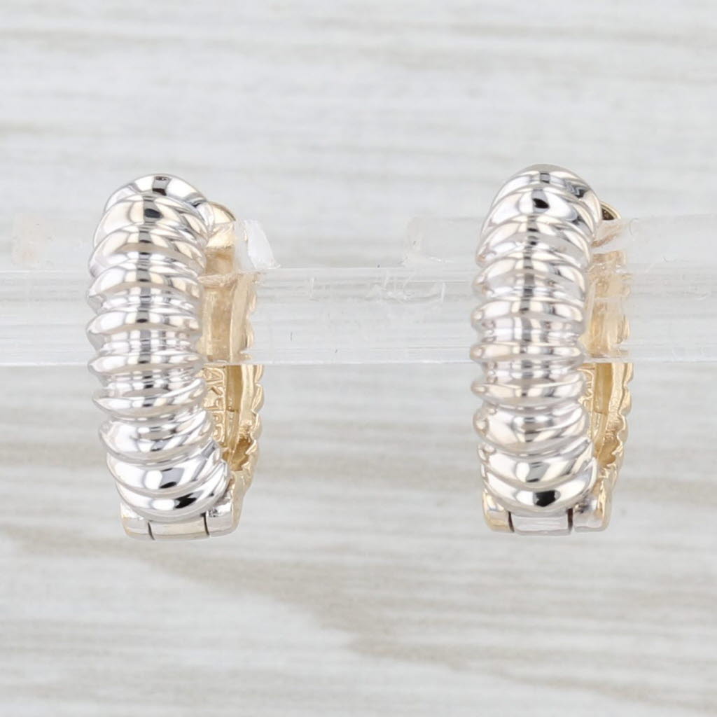 Light Gray 2-Toned Beveled Hoop Huggie Earrings 14k Gold Snap Top Hinged Round Hoops