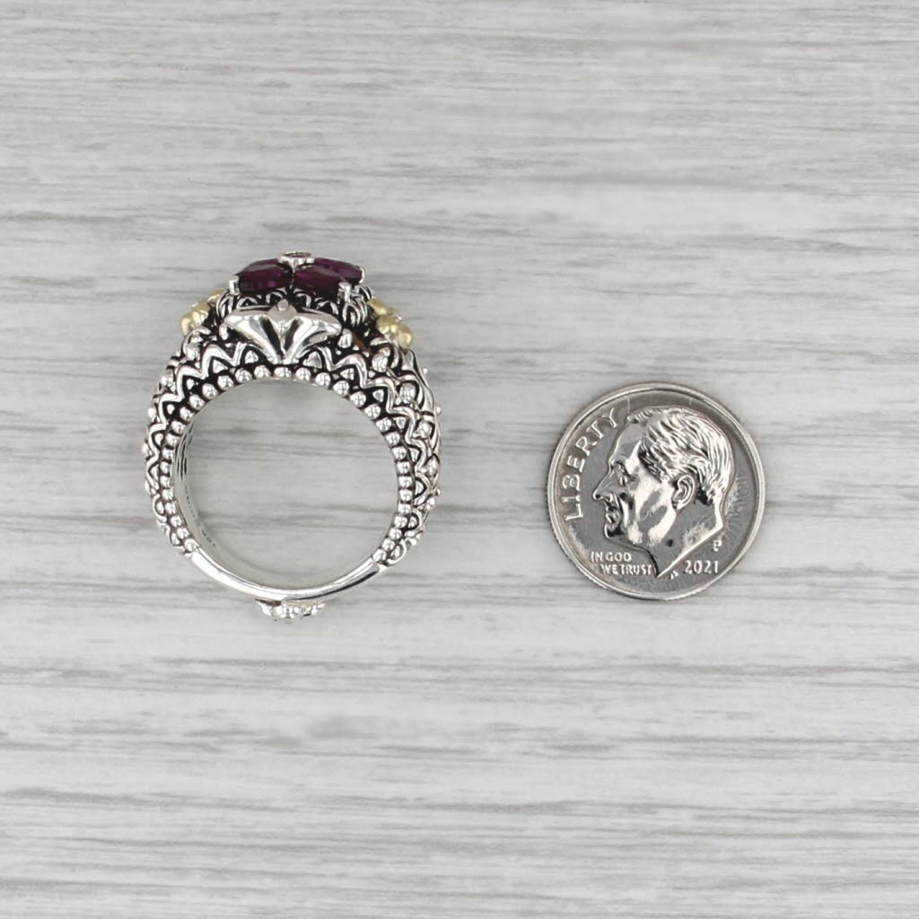 Bixby Garnet White Topaz Flower Ring Sterling Silver 18k Gold Cocktail Statement