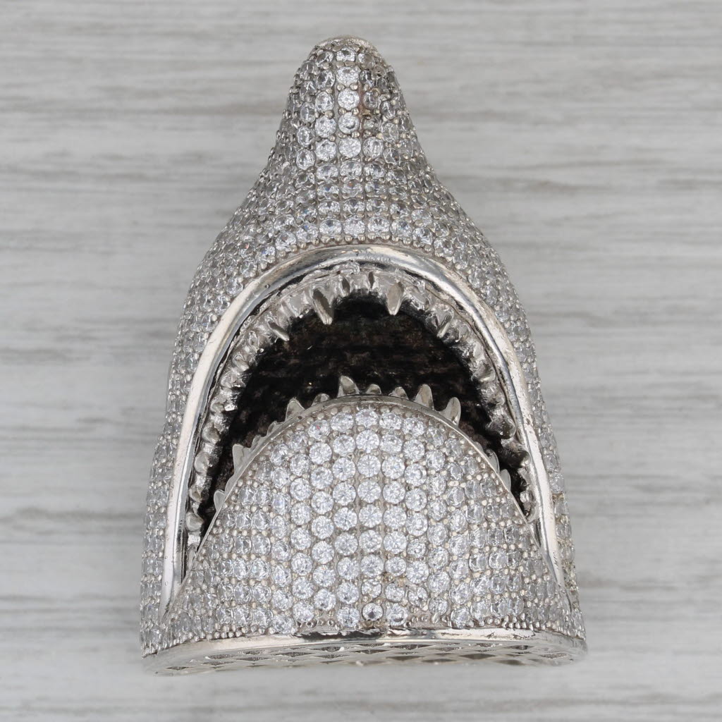 Dark Gray Large Shark Head Pendant sterling Silver Black White Cubic Zirconias Nautical