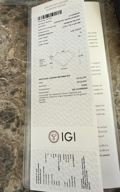 3.05ctw Marquise IGI VS1 G Lab Created Diamond Ring 18k Yellow Gold Size 4.75