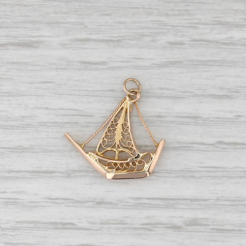 Handmade Vintage Filigree Sailboat Charm 18k Yellow Pendant