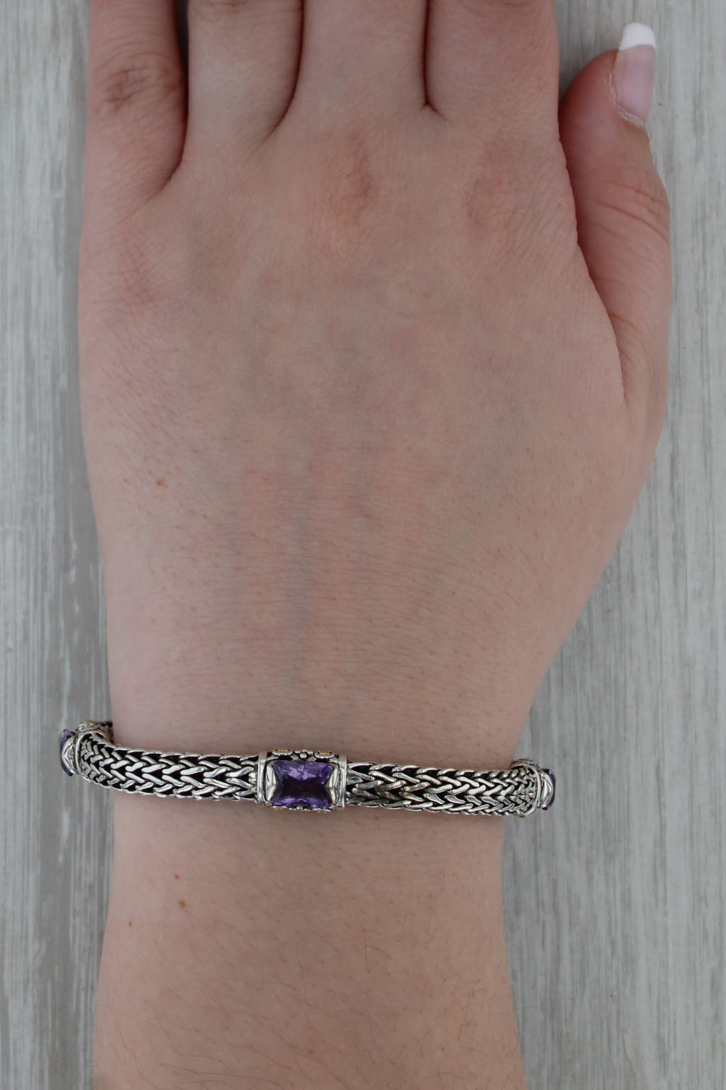 John Hardy Amethyst Station Bracelet Sterling Silver 18k Gold Wheat Chain