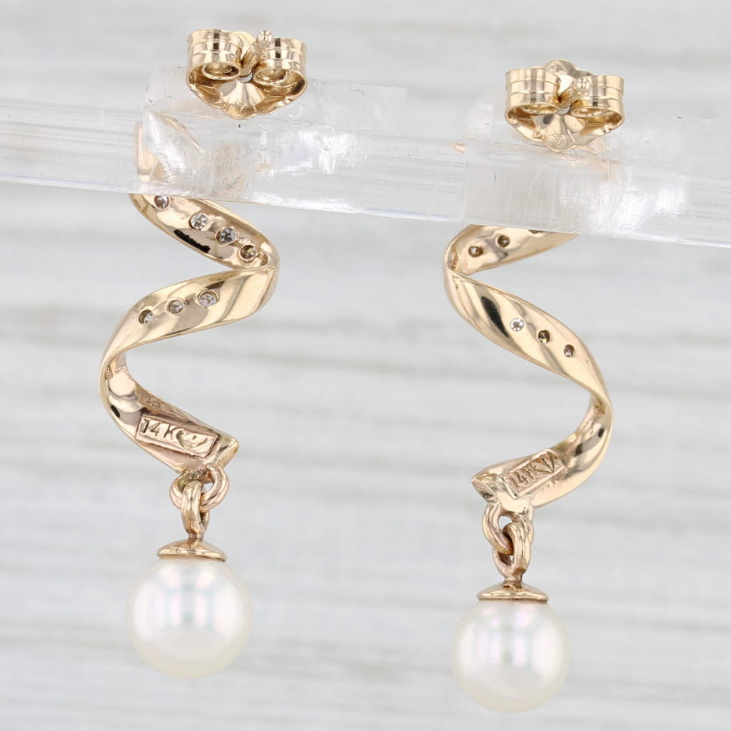 Light Gray Cultured Pearl Diamond Swirl Drop Earrings 14k Yellow Gold