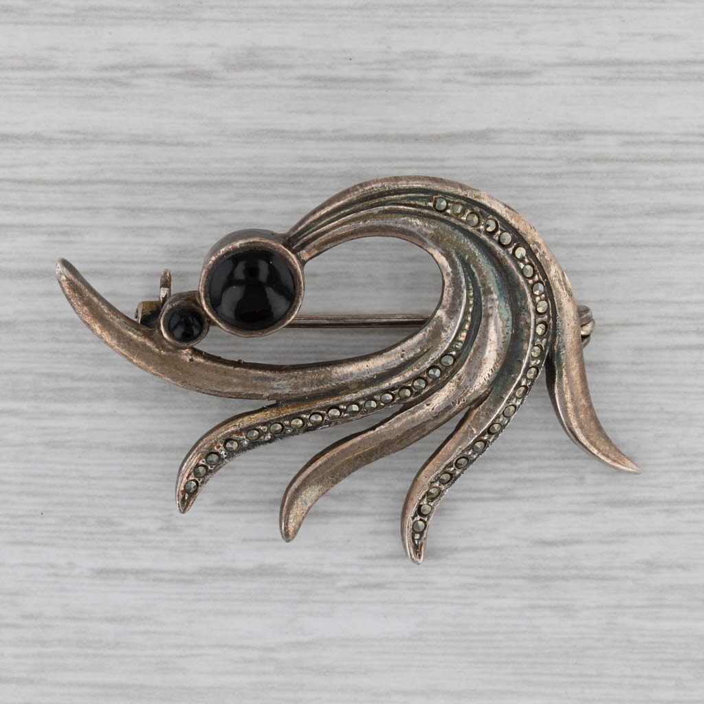 Gray Vintage Onyx Marcasite Bow Brooch Sterling Silver Pin Abstract Statement