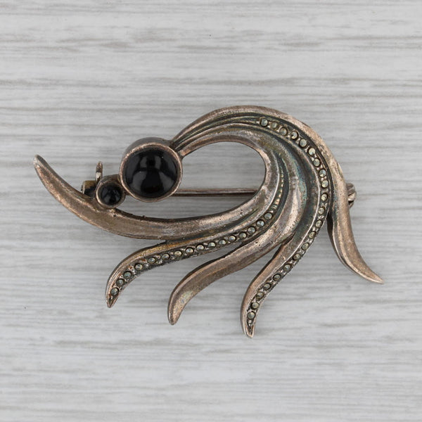 Vintage Onyx Marcasite Bow Brooch Sterling Silver Pin Abstract Statement
