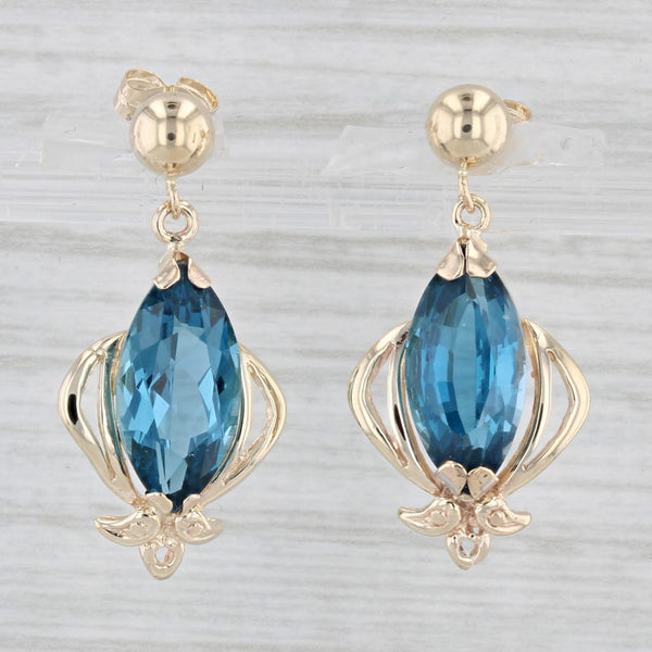 6.80ctw London Blue Topaz Dangle Earrings 14 Yellow Gold Marquise Drops