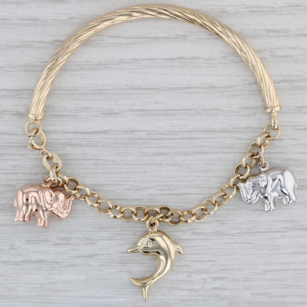 Gray Elephant Dolphin Hand Bangle Charm Bracelet 10k Gold 7" Good Luck