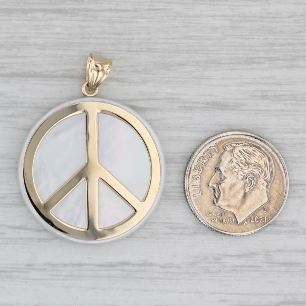 Gray Mother of Pearl Peace Sign Medallion Pendant 14k Yellow Gold