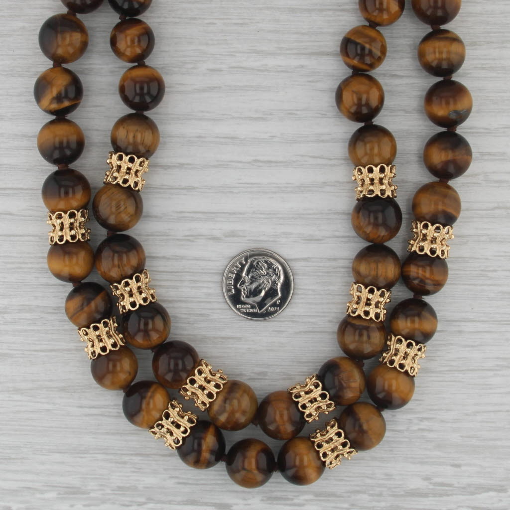 Vintage Tiger's Eye Double Strand Bead Necklace 14k Gold Statement 18"
