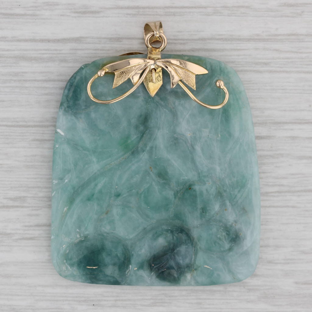 Gray Carved Green Jadeite Jade Pendant 14k Yellow Gold Floral Statement