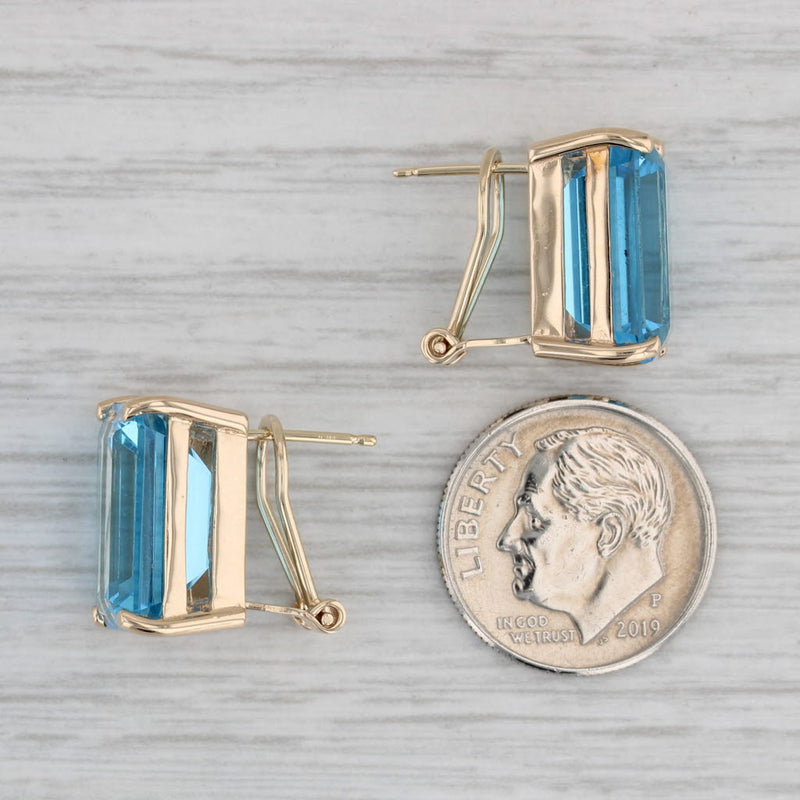 Gray 20.50ctw Blue Topaz Drop Earrings 14k Gold Emerald Cut Solitaires Omega Backs