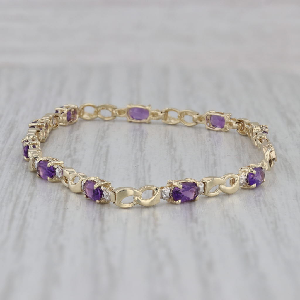 Gray 2ctw Amethyst Bracelet 10k Yellow Gold Diamond Accents 7" 3.5mm