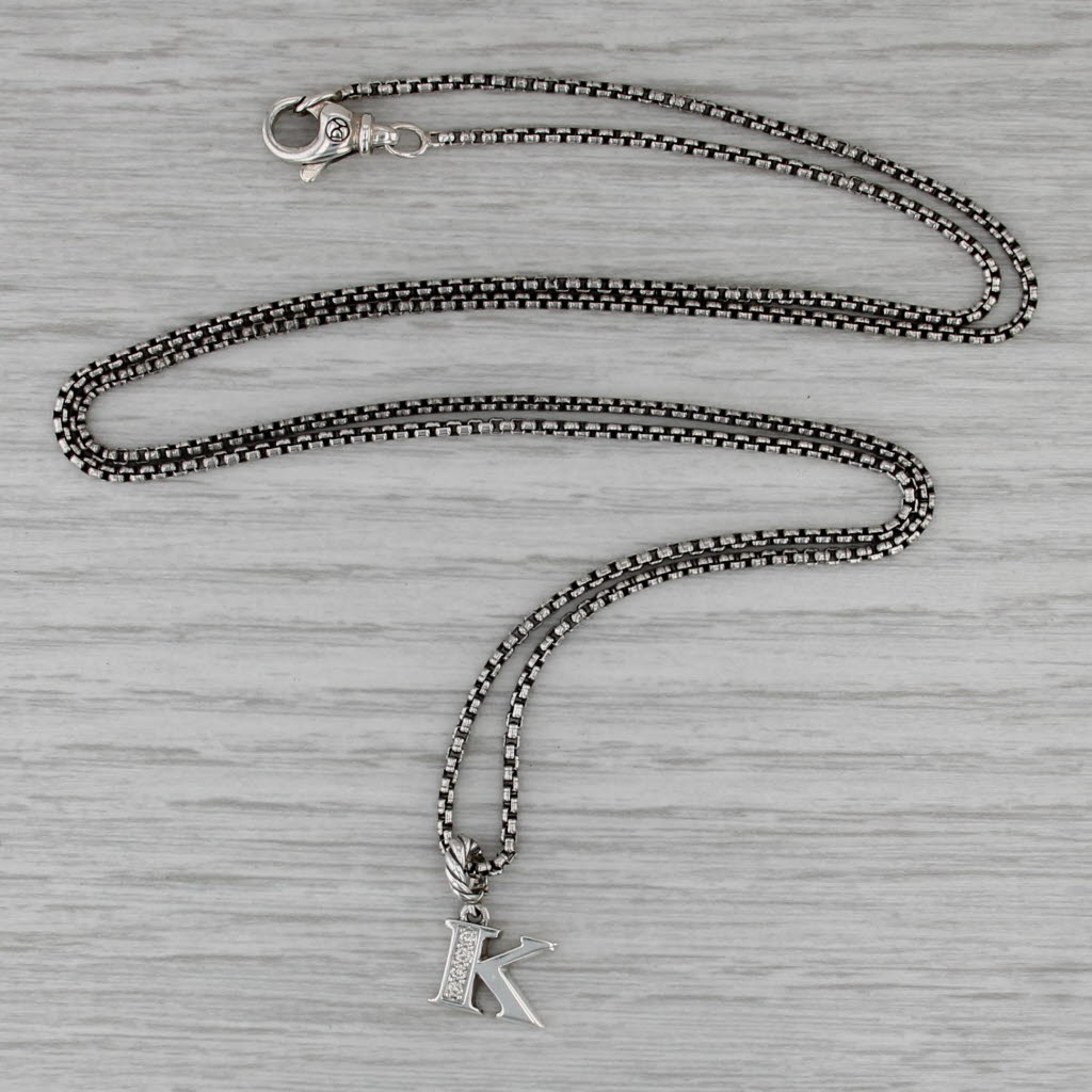 David Yurman Diamond Initial Letter K Pendant Necklace Sterling Silver Box Chain