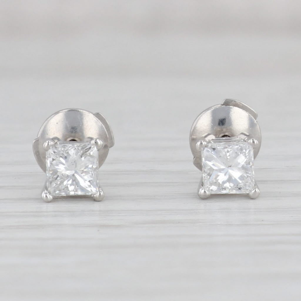 Light Gray 0.82ctw Princess Diamond Stud Earrings Platinum Studs Clutch Back