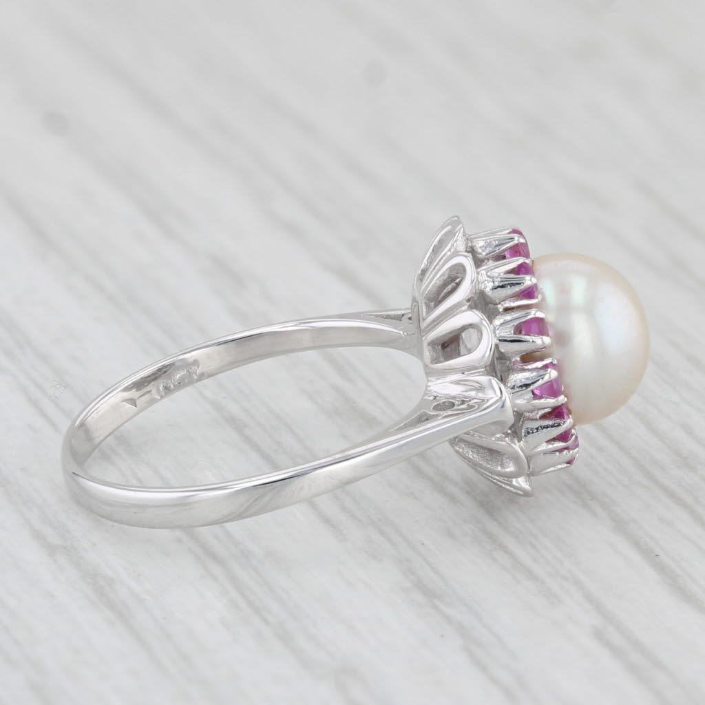 Light Gray Cultured Pearl Ruby Halo Ring 18k White Gold Size 5