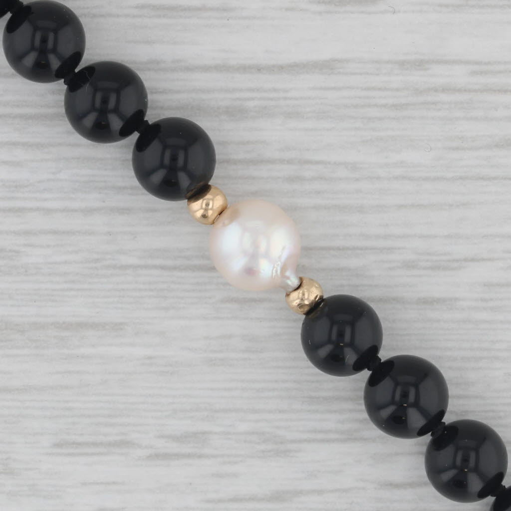 Gray Black Onyx Cultured White Pearl Bead Strand Bracelet 14k Yellow Gold 7"