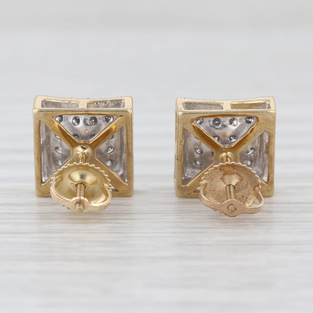 0.62ctw Pave Diamond Square Stud Earrings 10k Yellow Gold Screw Backs Studs