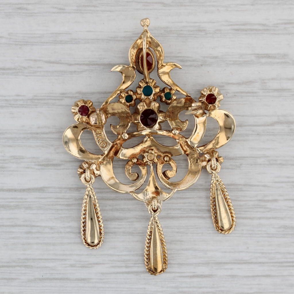 Gray Vintage Garnet Glass Brooch Pendant 14k Yellow Gold Ornate Pin