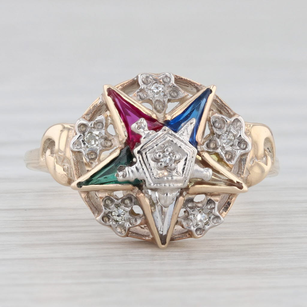 Light Gray Vintage Order Eastern Star Masonic Ring 10k Gold Diamonds Lab Created Gemstones