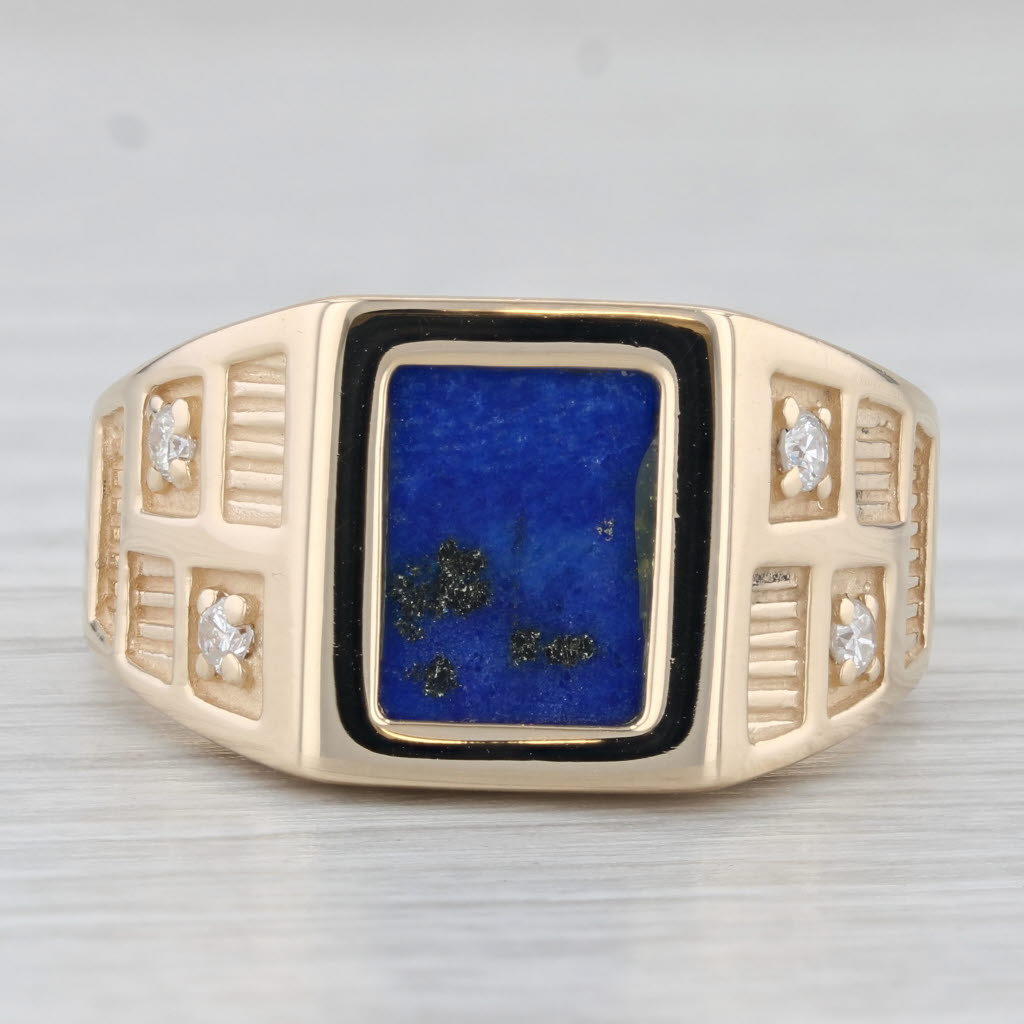 Light Gray Lapis Lazuli Diamond Ring 14k Yellow Gold Size 11.75 Men's Vintage