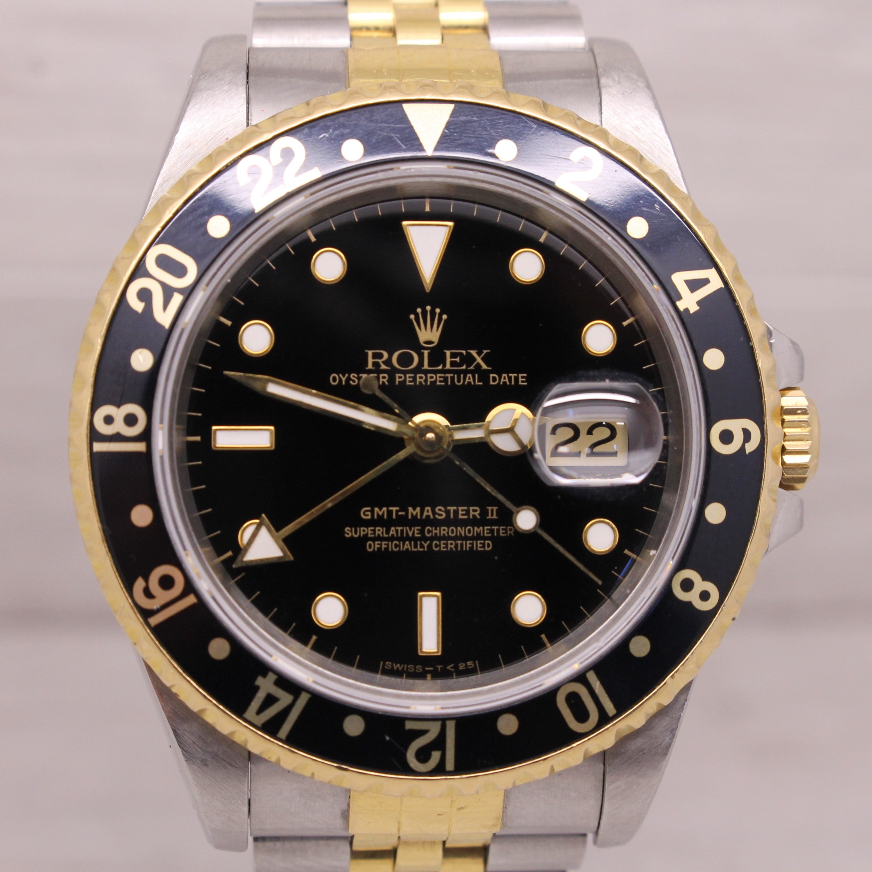 Gray Vintage 1993 Rolex GMT Master II 16713 Mens Automatic 18k & Steel Watch w/ Box