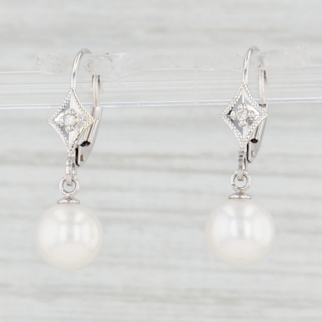 Light Gray Cultured Pearl Diamond Dangle Earrings 14k White Gold Drops