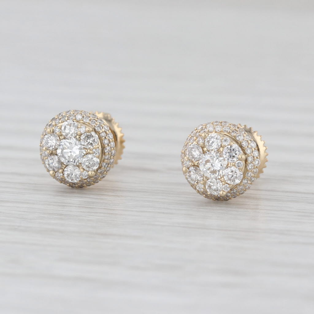New 0.64ctw Diamond Cluster Halo Stud Earrings 14k Yellow Gold Screw Back Studs