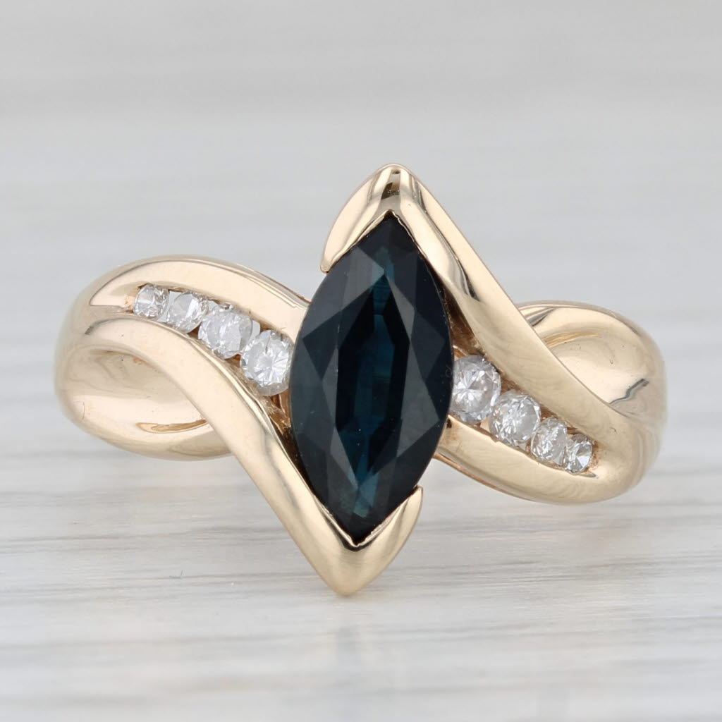 Light Gray 1.40ctw Marquise Blue Sapphire Diamond Bypass Ring 10k Yellow Gold Size 6