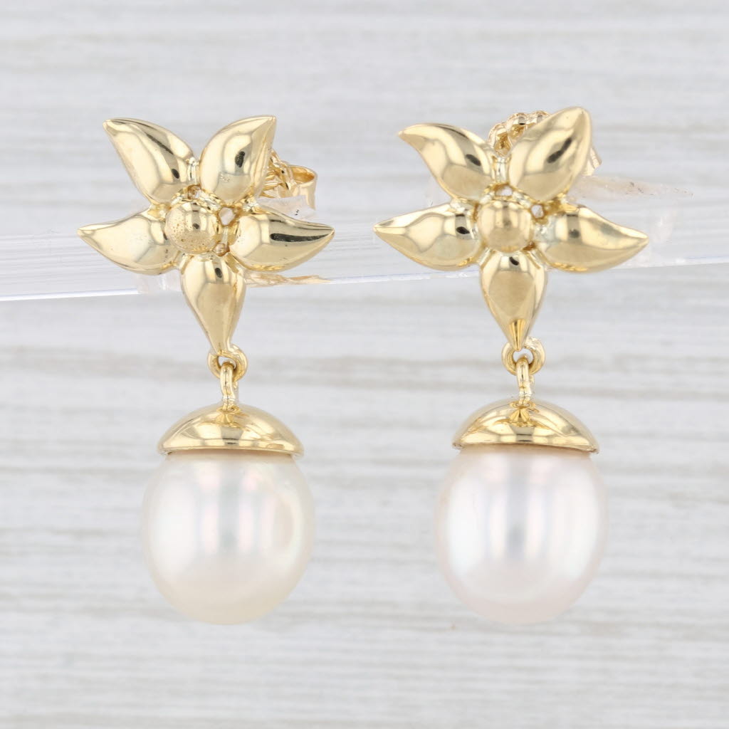 Light Gray Flower Cultured Pearl Dangle Earrings 18k Yellow Gold Pierced Drops