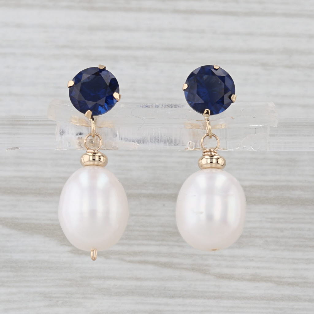 Cultured Pearl Blue Glass Drop Earrings 14k Yellow Gold Butterfly Backs