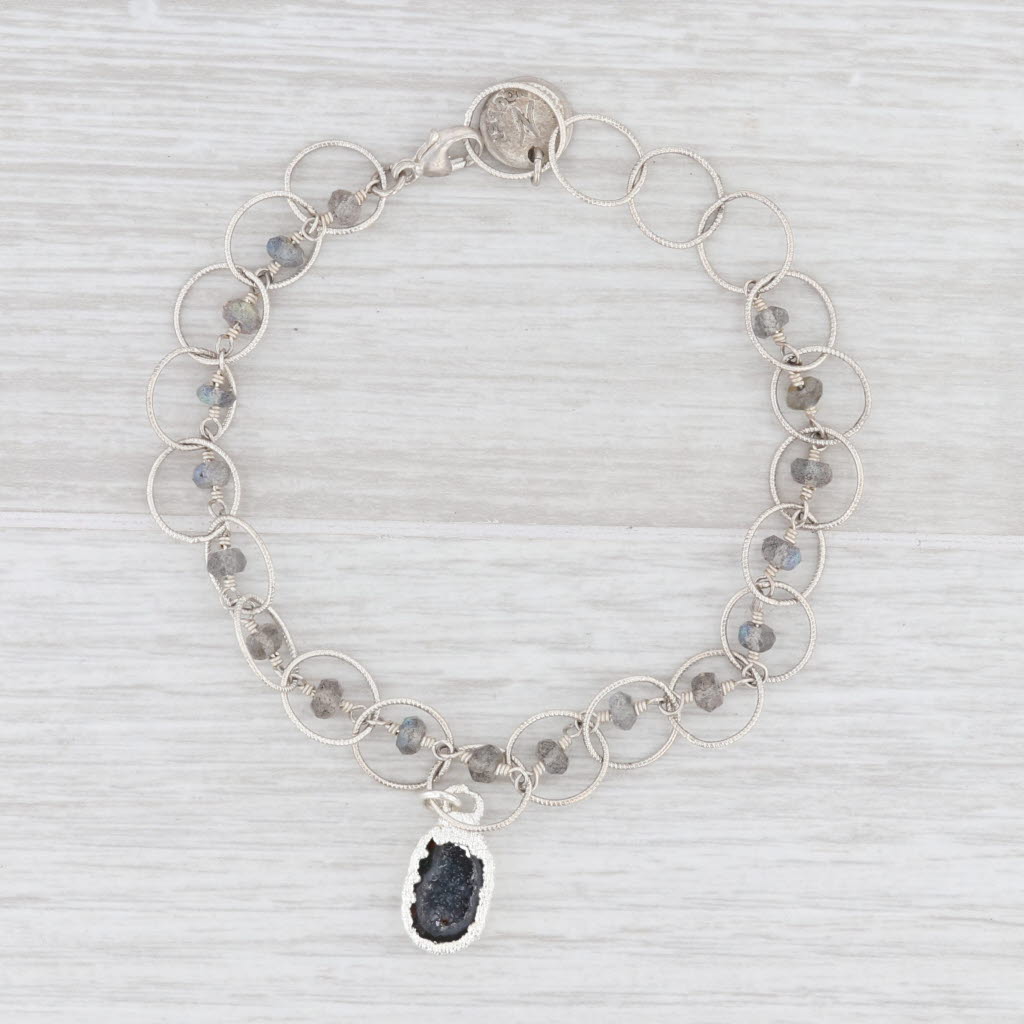 New Nina Wynn Charm Bracelet Druzy Geode Quartz Labradorite Bead Sterling 7.5"