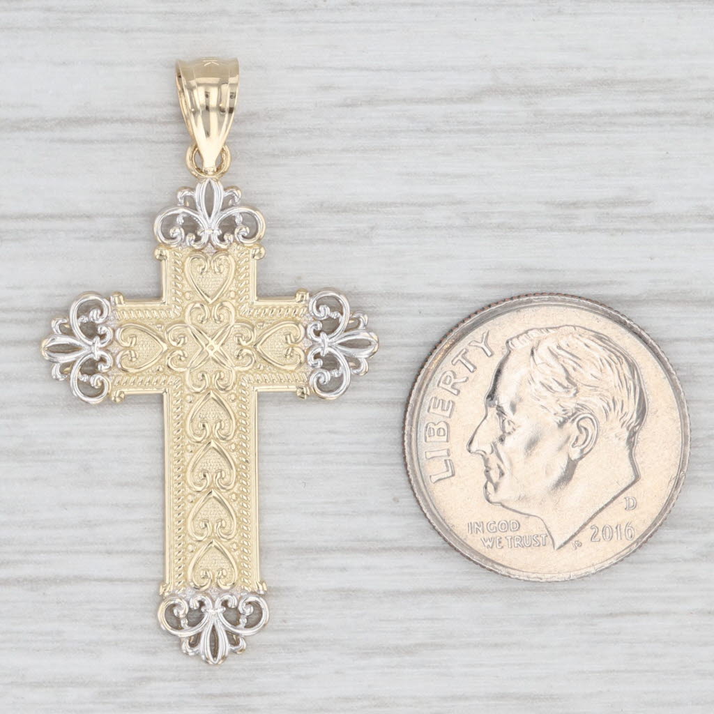Light Gray Ornate 2-Toned Cross Pendant 14k Yellow & White Gold