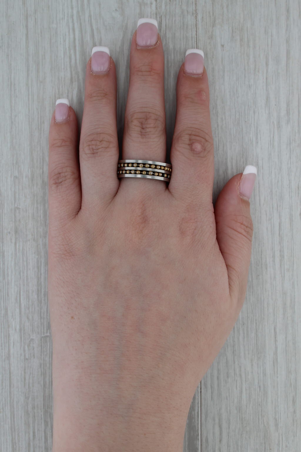 2-Toned Steel Bead Accented Ring Men's Size 12.25 Bead 8.1mm