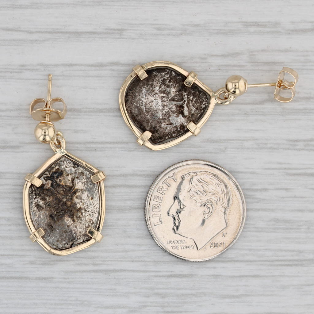 Ancient Coin Copy Earrings 14k Gold Silver Coin Bezel Dangle Drops