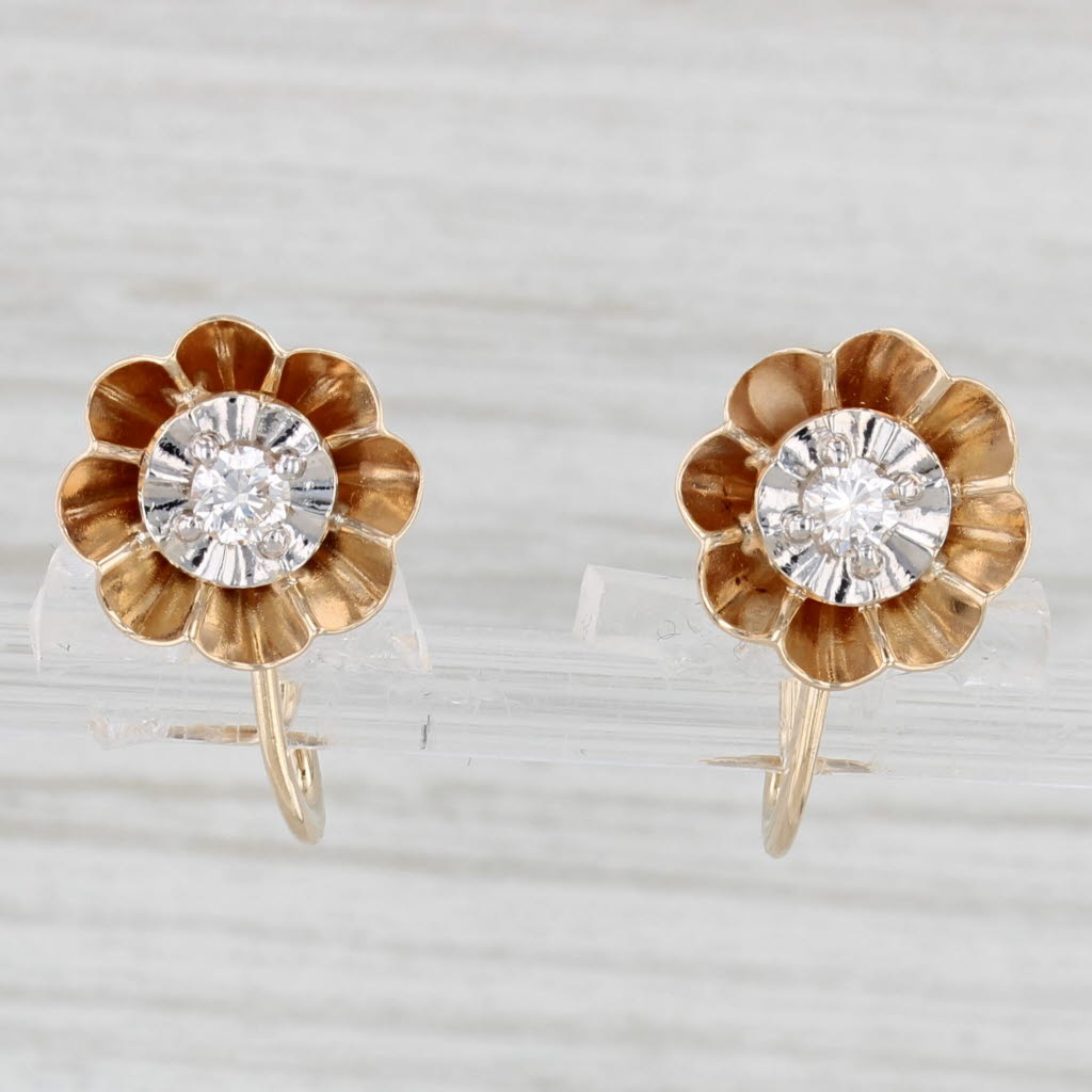 Light Gray 0.16ctw Diamond Flower Drop Earrings 14k Yellow Gold Non Pierced Screw Backs