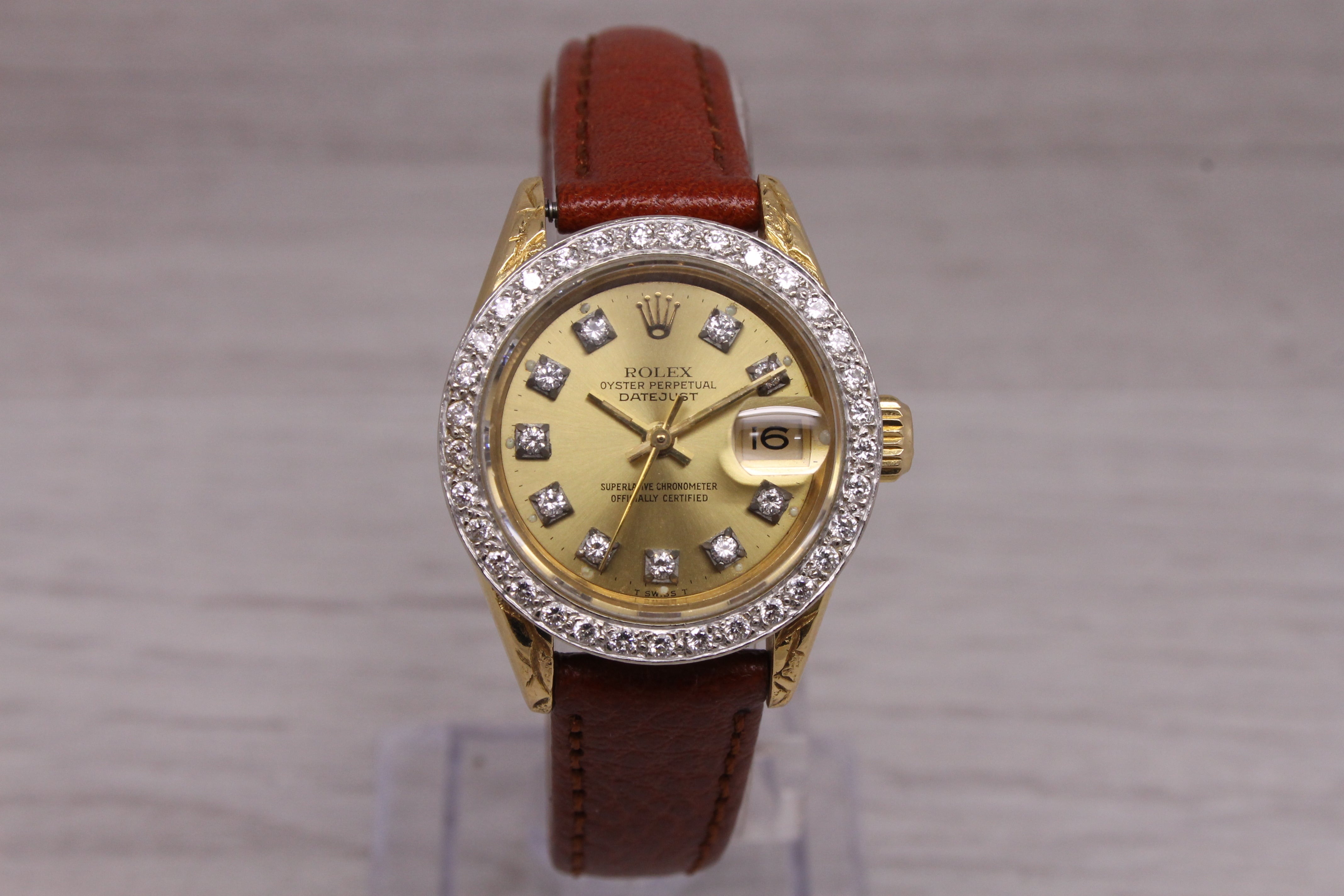 Rosy Brown Vintage 1985 Rolex Datejust 69178 Ladies President 18k Gold & Diamond Bezel Box