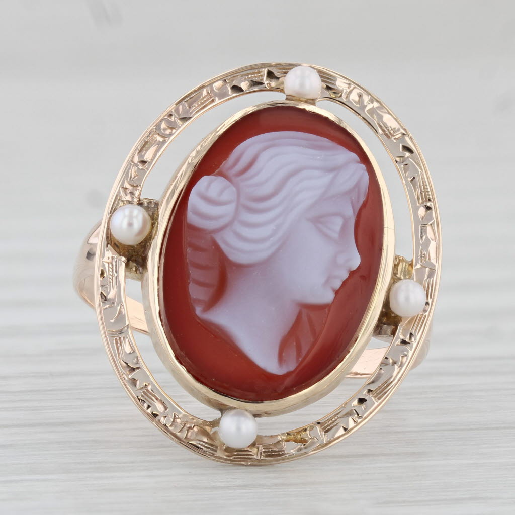 Light Gray Antique Carved Sardonyx Cameo Pearl Ring 10k Yellow Gold Size 8.25