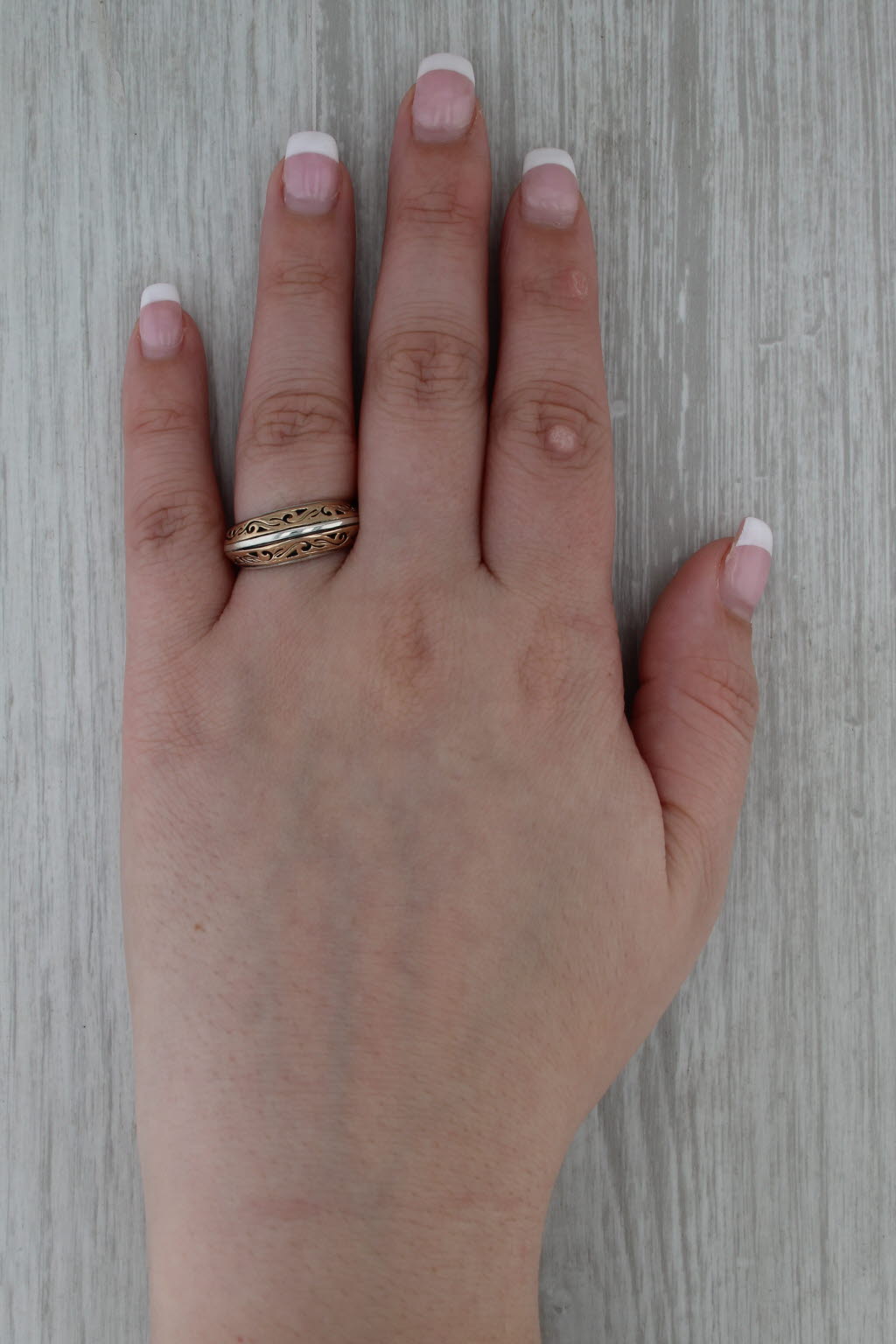 Ornate 2-Toned Ring Sterling Silver 14k Yellow Gold Band Size 6.5 Stackable