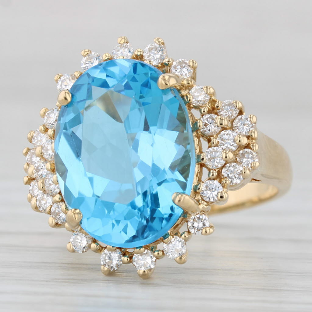 Spark Blue Topaz Diamond Halo Ring 18k Yellow Gold Size 6.5 Cocktail