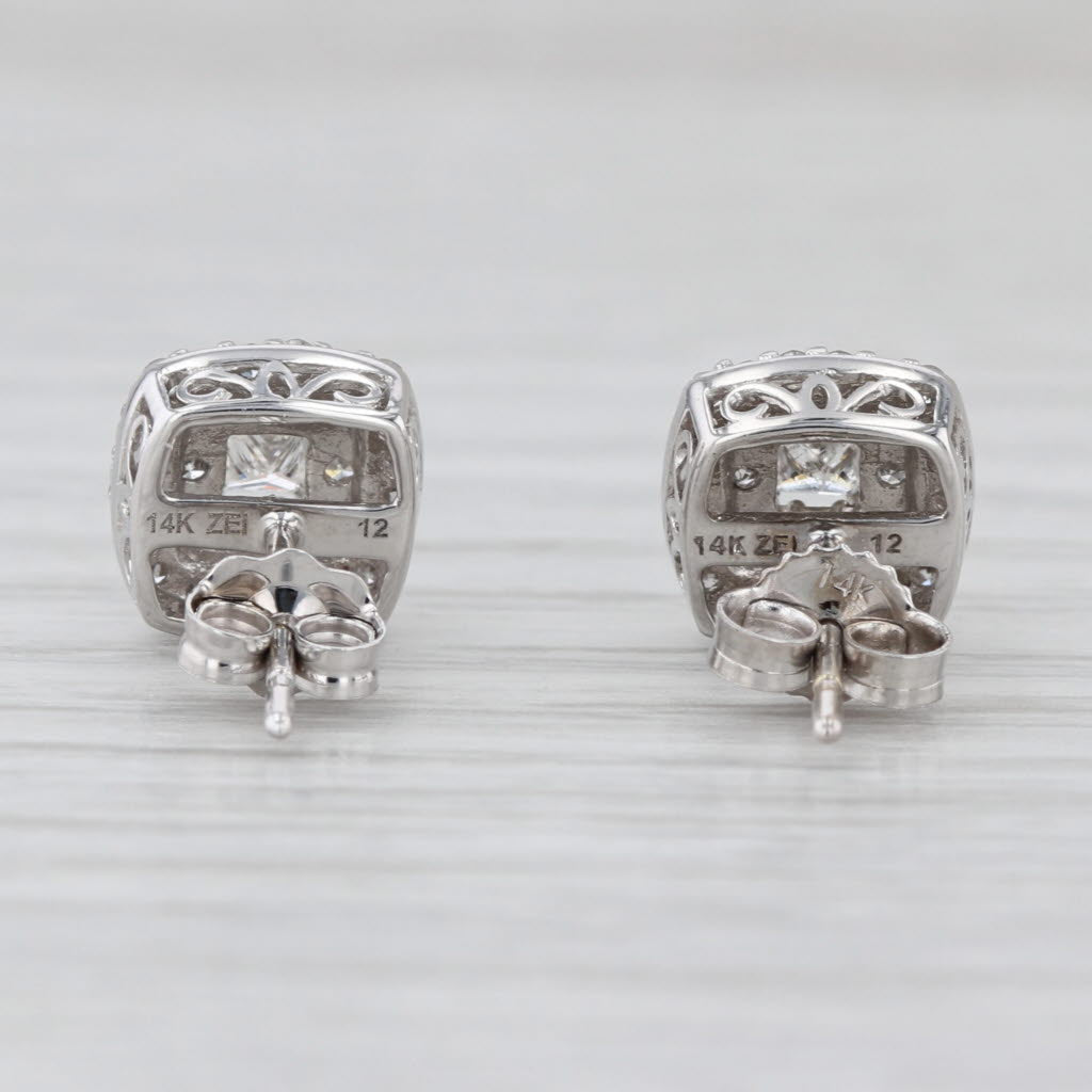 0.60ctw Princess Halo Diamond Stud Earrings 14k White Gold Studs